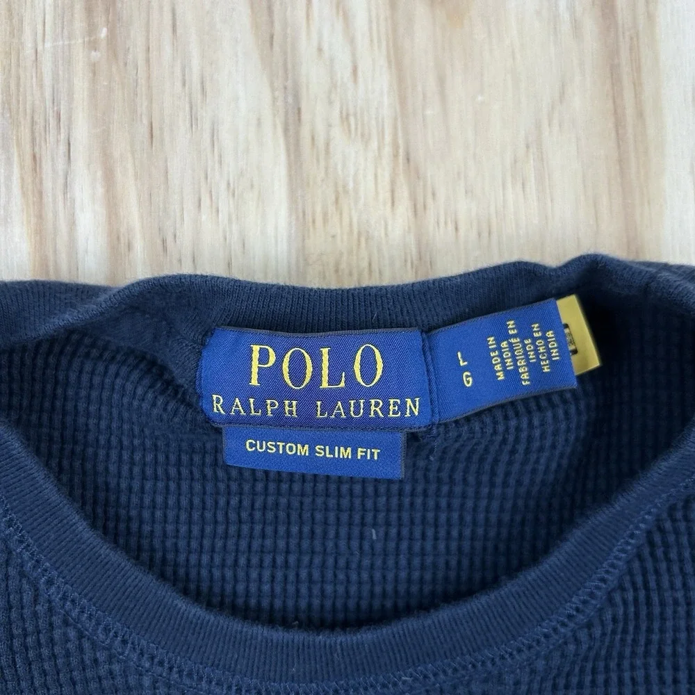 Polo Ralph Lauren Thermal Shirt Mens Large Slim‎ Fit Navy Blue Waffle Knit